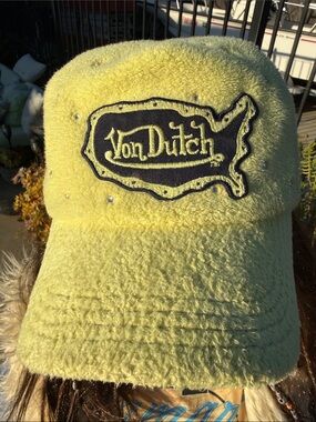 Vintage Y2K "Von Dutch" Yellow Fuzzy Texas Logo Cap with Rhinestones